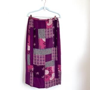J Jill Silk Wrap Skirt Size 10P Purple Pink Patchwork Boho Cottagecore Romantic